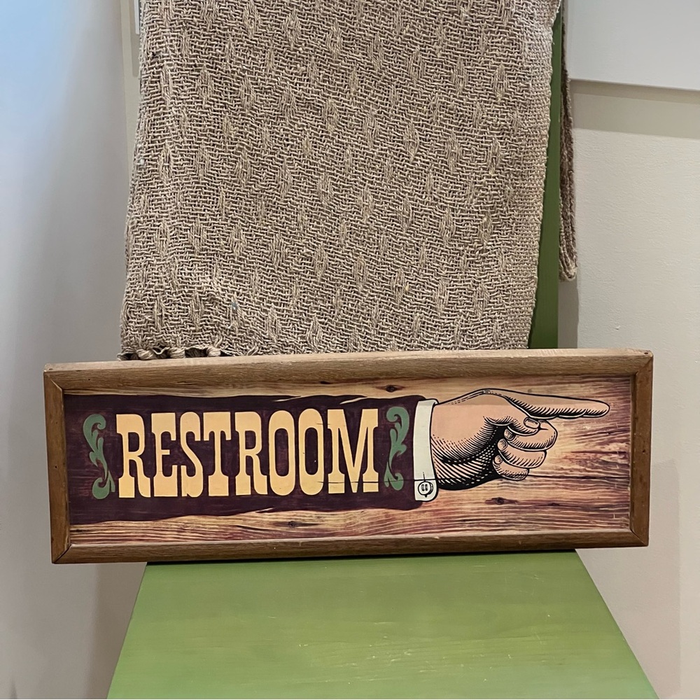 Vintage 1973 Wooden Restroom Wall Sign Americana Plaque Hand Pointing Arrow